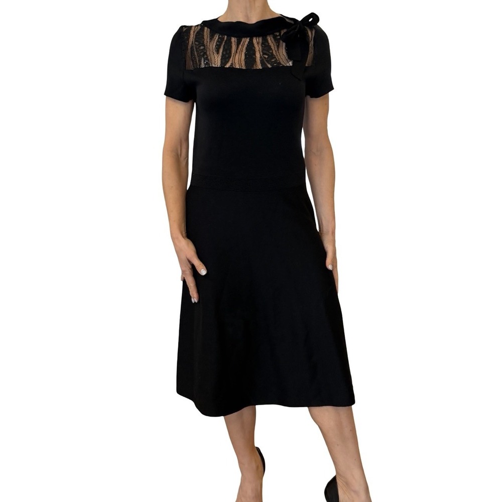 Rani Arabella Silk Knit Midi Dress Embroidered French Lace Neck Tie Cap Sleeve M